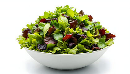 Fresh mixed salad greens in a white bowl isolated on white background.
