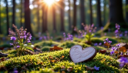 create a captivating image that captures the essence of a forest burial grave in the woods, the subject should be a wooden heart on moss, symbolizing love and nature