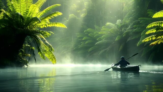 A vivid portrayal of a serene forest scene with a kayaker navigating a misty river. The kayaker is seen from behind, paddling a small boat on the waters surface.