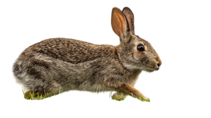 Rabbit in a Field: A flat lay of a rabbit hopping through a field, isolated on a Transparent background, PNG file.