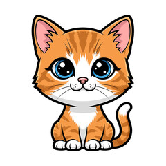 Obraz premium Cartoon illustration of a cute orange tabby kitten with big blue eyes, sitting on a white background.