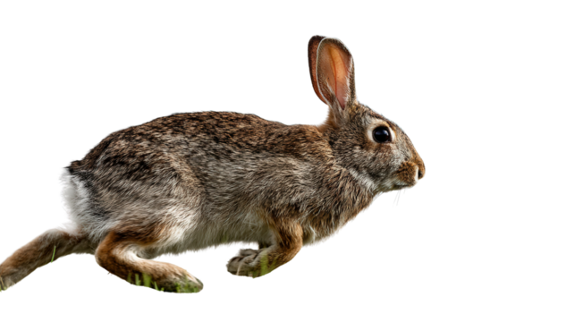 Rabbit in a Field: A flat lay of a rabbit hopping through a field, isolated on a Transparent background, PNG file.