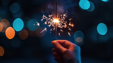 Hand Holding Sparkler Against Dark Background, New Year Celebration, Late Night Festive Visual Material
