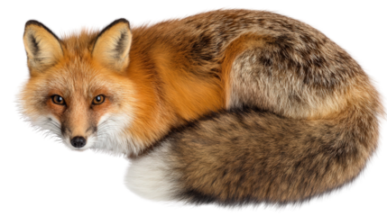 Red Fox with Bushy Tail: A flat lay of a red fox with a bushy tail, isolated on a Transparent background, PNG file.