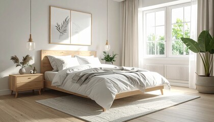 Scandinavian-inspired bed design with clean lines, light wood textures, and airy bedding in a bright, spacious room