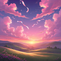 Pink Sunset Landscape: Serene Rolling Hills and Dreamy Sky