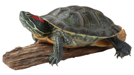 Red-Eared Slider Turtle: A red-eared slider turtle basking on a log, isolated on a Transparent background, PNG file.