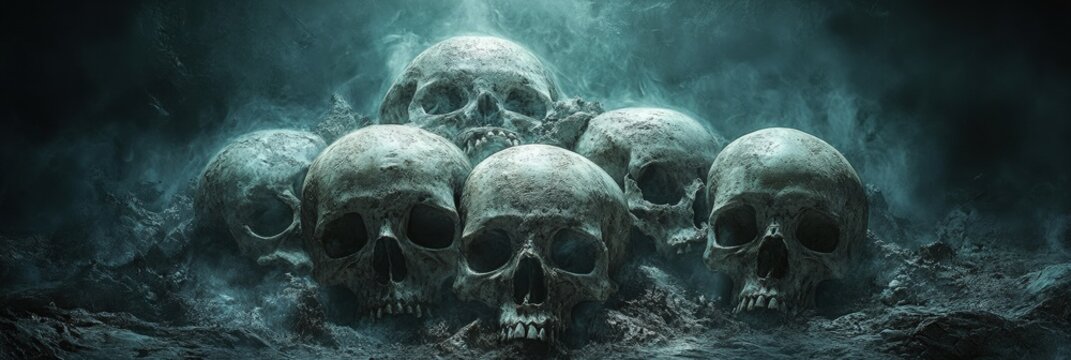 A dark and eerie arrangement of skulls partially submerged in shadowy water, creating a haunting and atmospheric scene.