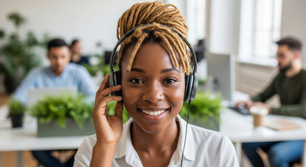 Smiling customer service representative with headset in modern office call center environment working hard
