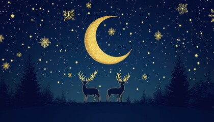 Naklejka premium Magical Christmas Eve: Golden Moon, Reindeer, and Sparkling Night Sky