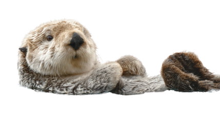 Sea Otter Floating: A sea otter floating on its back in calm waters, isolated on a Transparent background, PNG file.