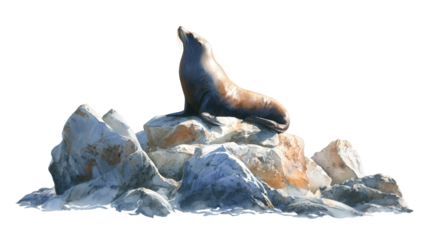 Sea Lion on Rocks: A sea lion basking on sunlit rocks, isolated on a Transparent background, PNG file.