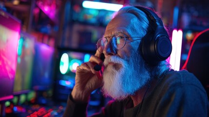 Focused medium shot of elderly gamer adjusting headset microphone blurred gaming room filled with neon lights and consoles in the distance.