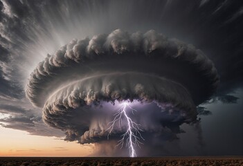 A dramatic nuclear explosion creates a massive mushroom cloud with a striking lightning bolt piercing through it, set against a dark, stormy sky