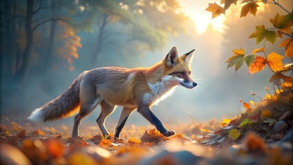 Red fox walking through a forest in autumn with colorful leaves