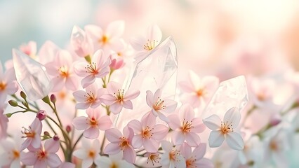 Naklejka premium Pink Cherry Blossom Flowers with Clear Quartz Crystals in Soft Light