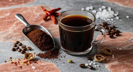 A clear mug of black coffee with coffee grounds and beans on a textured surface with red peppers