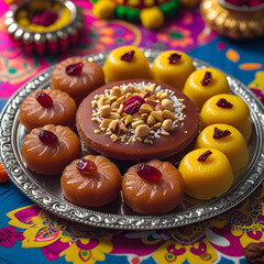 Indian Sweets Platter:  A Festive Collection of Motichoor Ladoo and Patisa for Diwali and Other Celebrations
