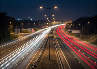 A captivating long exposure shot of a highway at night, showing the red and white trails of fast-moving vehicles.