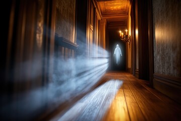 Mysterious figure in white cloak illuminated in dimly lit gothic hallway