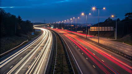 Fototapeta premium A captivating long exposure shot of a highway at night, showing the red and white trails of fast-moving vehicles.