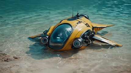 Fototapeta premium Yellow submarine underwater vehicle exploration ocean sea travel adventure technology innovation design future 
