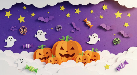 Papercraft Halloween scene: pumpkins, ghosts, bats, candy on purple background with clouds and stars. Festive, playful design, ideal for seasonal greetings or party invitations