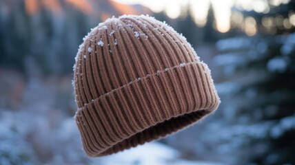 Brown ribbed knit wool beanie floating in midair with snowflakes resting on top against blurred winter forest and mountain background