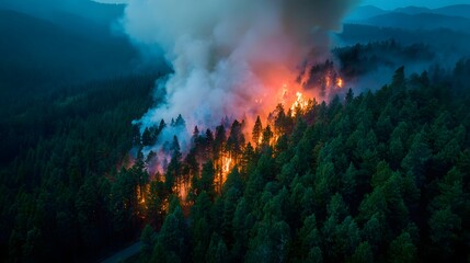 Fototapeta premium Dramatic aerial photograph of a wildfire in a dense pine forest, with vibrant orange flames visible through a thick plume of white smoke. A powerful photorealistic image.