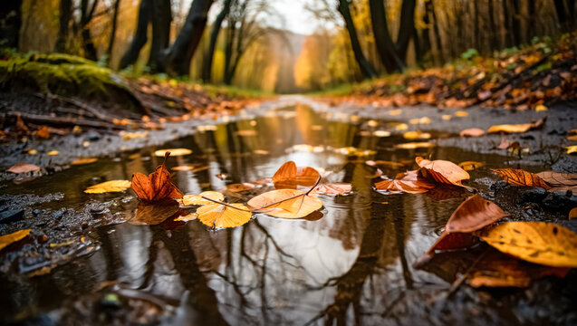 Close-up view of colorful autumn leaves floating in a puddle on a forest path, with blurred trees and warm golden light creating a serene and peaceful autumn landscape