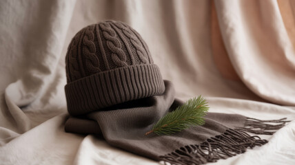 Dark brown cable knit wool beanie paired with matching scarf and pine branch detail arranged on neutral fabric background indoors