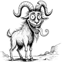 A comical goat with a menacing grin and exaggerated features grins maliciously, showcasing an illustrative black and white cartoon aesthetic.  vector illustration