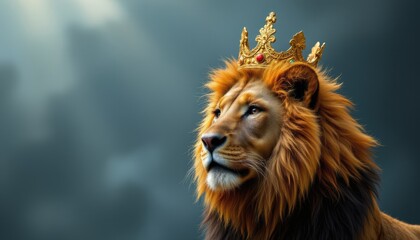 Naklejka premium title: king of the beastscreate a powerful and majestic image featuring a lion as the focal point, the lion should be depicted with a golden crown on its head