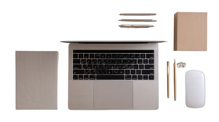 Stylish Laptop on Desk: A flat lay of a stylish laptop on a modern desk setup with pens and a notebook, isolated on a Transparent background, PNG file.