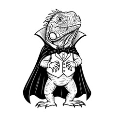 Fototapeta premium A dapper iguana in a tailored tuxedo and cape strikes a sophisticated pose, blending wildlife with elegance in a black-and-white illustration.