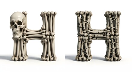 Two letters h made of bones and skulls, one with a skull as the top left bar, isolated on a white background
