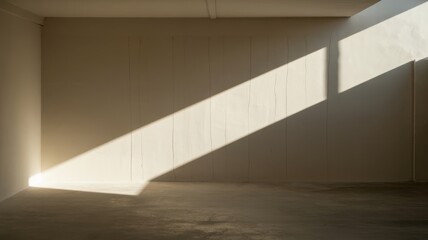Sunlight streaming diagonally across an empty room with white walls and concrete floor shadow