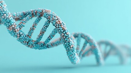 A double helix structure composed of connected light blue and peach spheres is set against a blue background The helix is in focus in the foreground