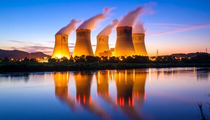 Nuclear power plant at dawn, reflected in calm water