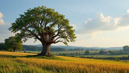 Obraz premium a serene countryside landscape features a unique tree house standing tall, inviting viewers to imagine themselves perched among the leaves