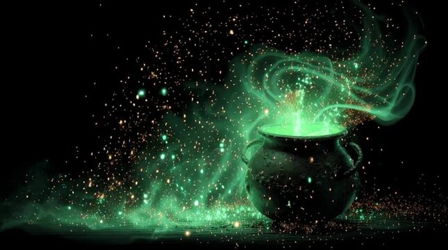 Mystical Cauldron Emits Glowing Green Smoke and Sparks Against Dark Background, Creating Enchanting and Magical Atmosphere with Vibrant Colors and Ethereal Effect