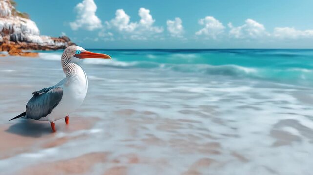 Blue footed booby bird standing on a sandy beach with turquoise ocean waves under a partly cloudy