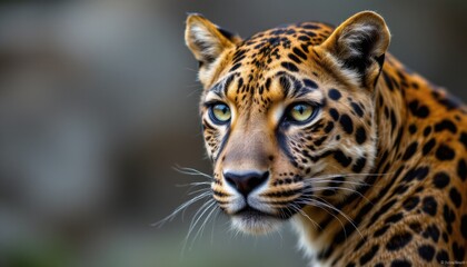 Obraz premium create a close up shot of a leopard looking directly at the camera, capturing its intense gaze, the leopard should be positioned on the right side of the image