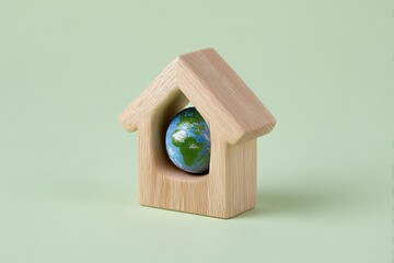 A miniature globe nestled inside a lightwood houseshaped structure set against a pale green background