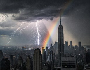 A dramatic cityscape under a stormy sky, with lightning striking and a rainbow arcing across the scene, illuminating the Empire State Building and surrounding skyscrapers