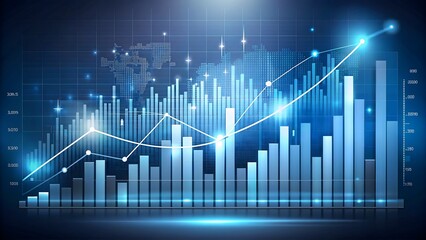 Abstract financial growth background with rising bar and line graphs, world map overlay, and upward arrows. Modern business data visualization in blue tones with golden highlights, symbolizing success