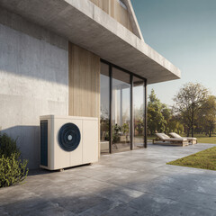 Heat pump in front of a family house
