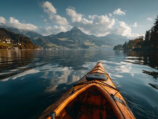Fototapeta premium First-person perspective from the bow of a kayak gliding across a calm lake, with mountains in the distance under a sky with dramatic clouds reflected on the water.
