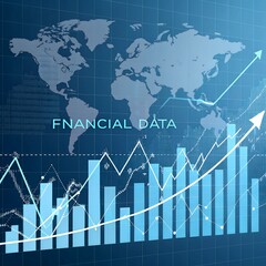 Naklejka premium Abstract financial growth background with rising bar and line graphs, world map overlay, and upward arrows. Modern business data visualization in blue tones with golden highlights, symbolizing success