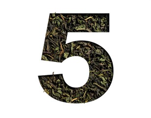 Number five formed from green tea leaves
